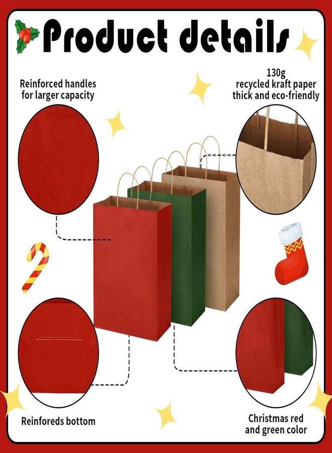 Kolldenn 120 Pcs Brown Red and Green Christmas Gift Bags Holiday Gift Kraft Paper Bags with Handles for Wedding Baby Shower Bridal Shower Shopping Party Favor Business, 8.26 x 6.3 x 3.15 Inches - Image 2